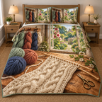 Garden Window Cable Knitting Quilted Bedding Set. Flat printed cable knitting, yarn, oak worktable and open cottage garden window.