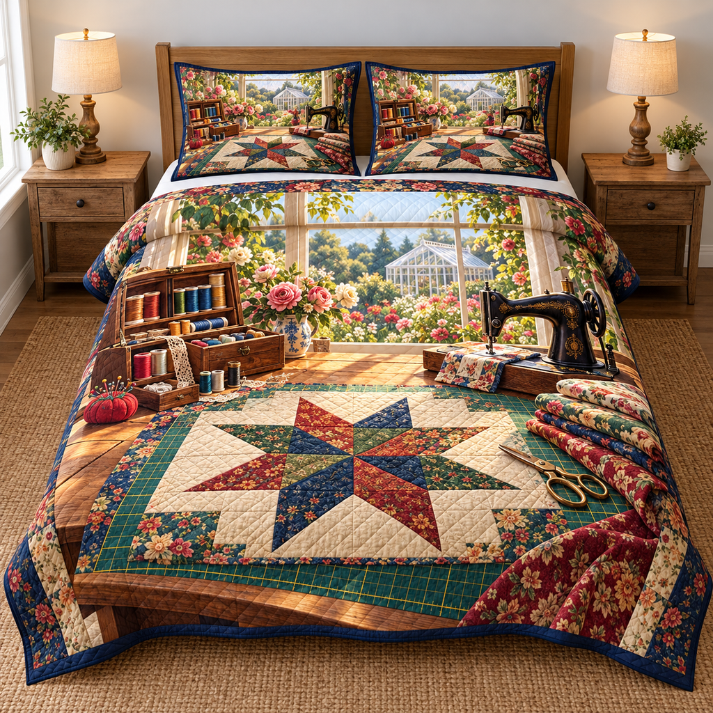 Garden Window Quilting Studio Quilted Bedding Set. Flat printed star sampler, thread box and sewing-machine studio scene.