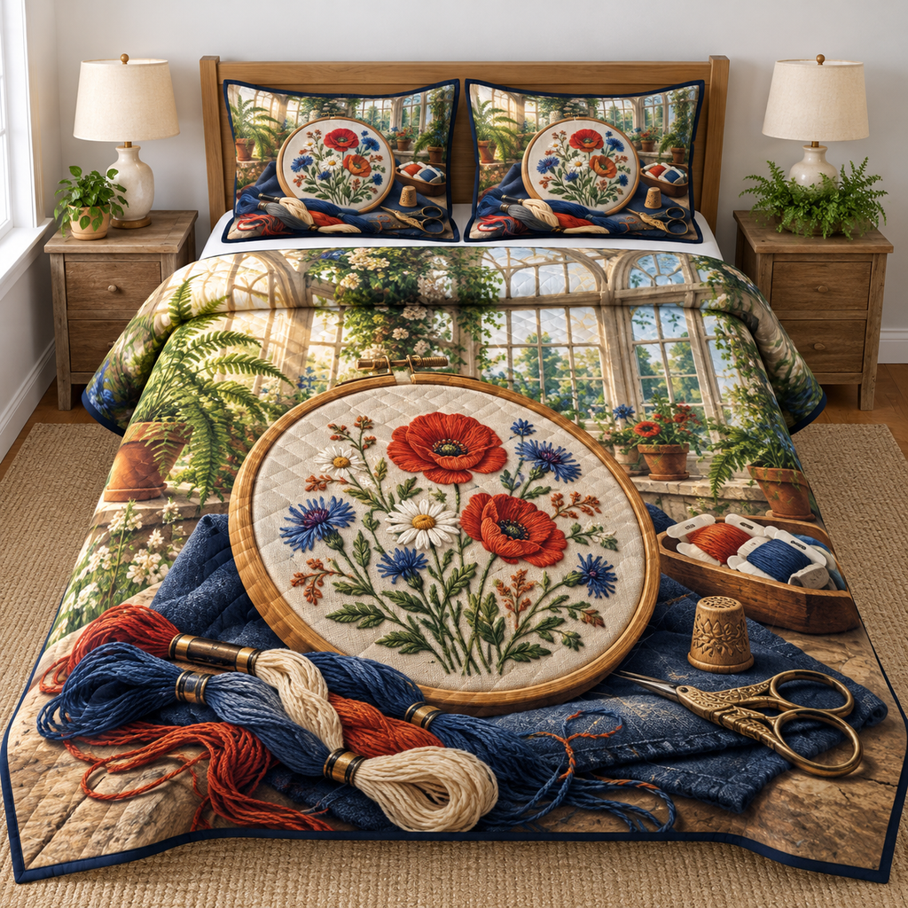Conservatory Meadow Embroidery Quilted Bedding Set. Flat printed floral hoop, thread and conservatory still life.