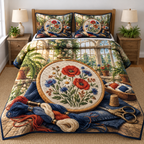 Conservatory Meadow Embroidery Quilted Bedding Set. Flat printed floral hoop, thread and conservatory still life.