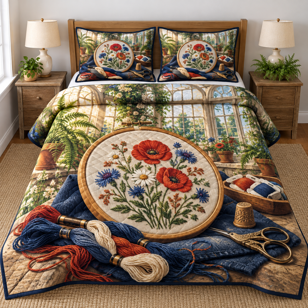 Conservatory Meadow Embroidery Quilted Bedding Set. Flat printed floral hoop, thread and conservatory still life.