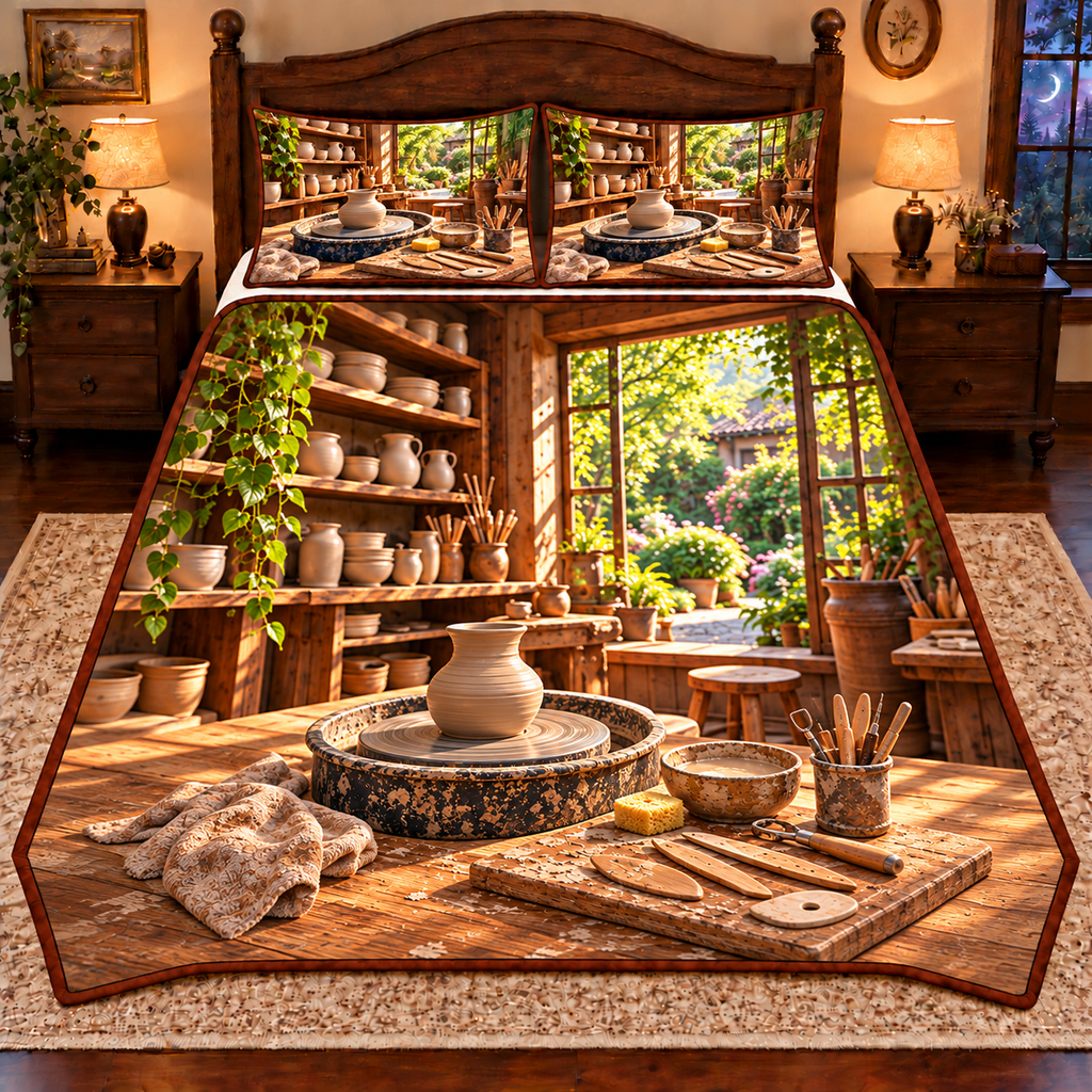 An unfinished wet clay vase stands on a complete pottery wheel head with concentric rings. Clay shaping tools, a sponge and slip bowl rest on a clay-stained work board. Shelves of plain bisque vessels and an open garden window create layered pottery studio depth. Flat printed optical depth on quilted bedding set.