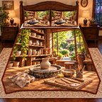 An unfinished wet clay vase stands on a complete pottery wheel head with concentric rings. Clay shaping tools, a sponge and slip bowl rest on a clay-stained work board. Shelves of plain bisque vessels and an open garden window create layered pottery studio depth. Flat printed optical depth on quilted bedding set.