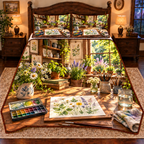 A rectangular watercolor paper on a drawing board shows translucent botanical leaves and wildflowers in progress. A pan paintbox, fine round brushes, clear rinse-water jar and folded cloth sit nearby. Botanical studies, art shelves and a sunny herb garden window complete the studio scene. Flat printed optical depth on quilted bedding set.