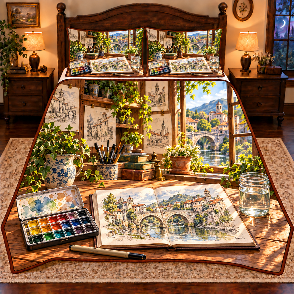 Old Town Urban Sketchbook Studio Quilted Bedding Set printed optical depth