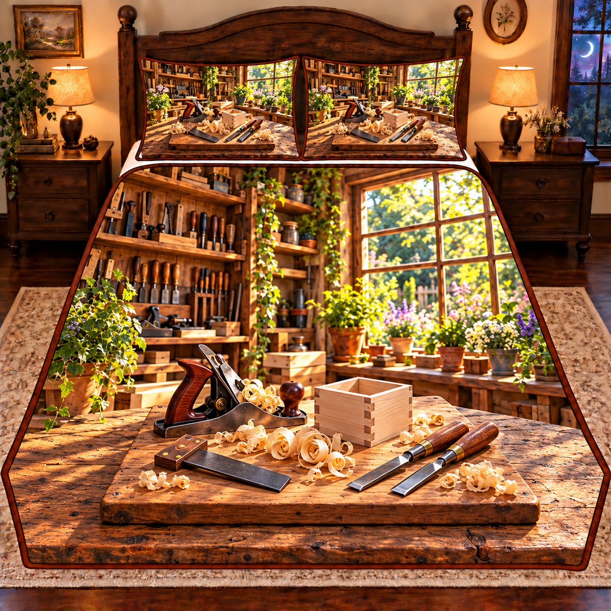 Hand Plane Woodworking Workshop Quilted Bedding Set flat printed optical depth