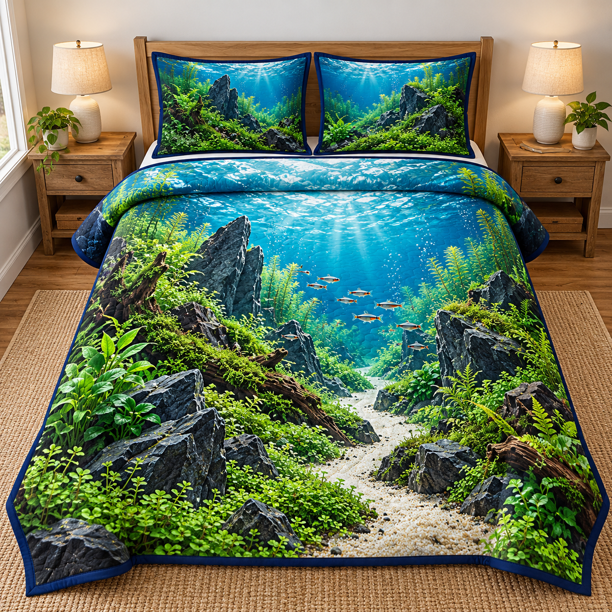 Planted Aquascape Stone Valley Quilted Bedding Set with flat printed slate rocks, plants, winding sand path and small fish.