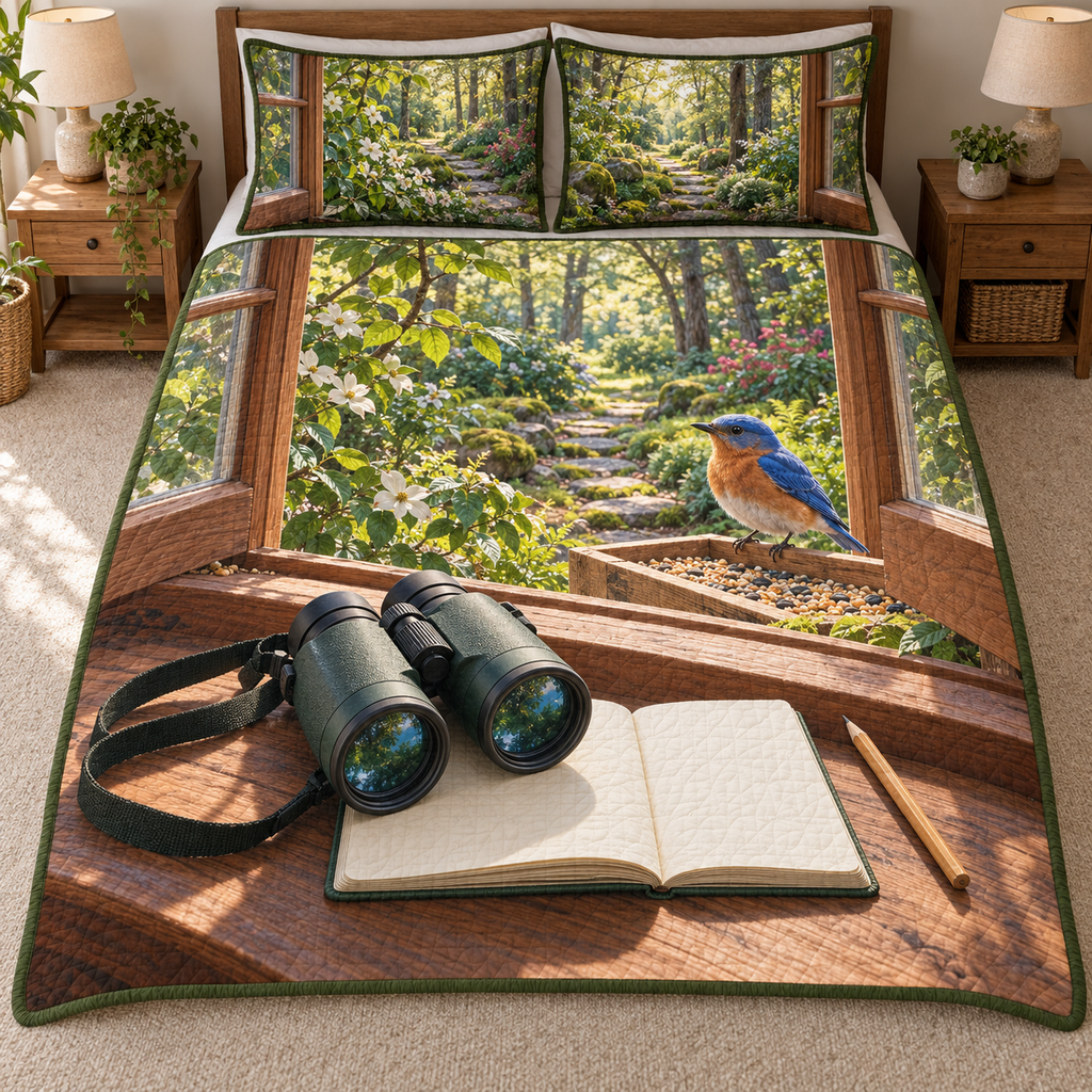 Bluebird Birdwatching Window Quilted Bedding Set with flat printed binoculars and blank field notebook before a bluebird feeder and layered woodland window.