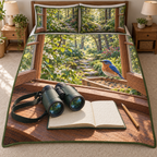 Bluebird Birdwatching Window Quilted Bedding Set with flat printed binoculars and blank field notebook before a bluebird feeder and layered woodland window.