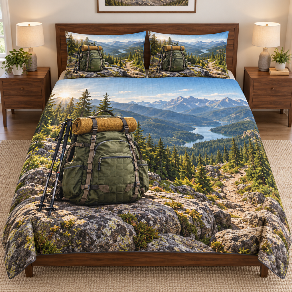 Thin quilt and two shams with printed hiking backpack, rocky overlook and forest trail