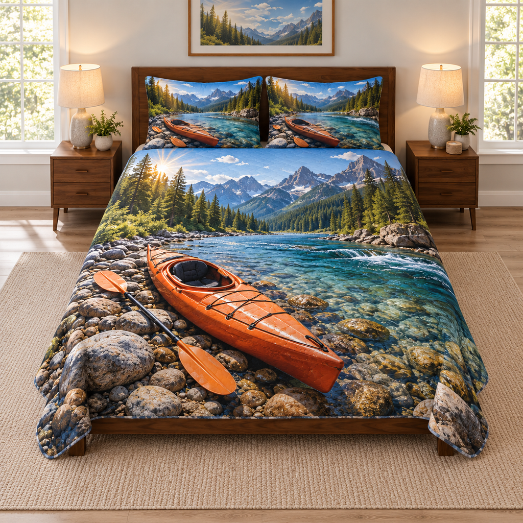 Thin quilt and two shams with printed orange touring kayak, paddle and forest river