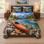 Thin quilt and two shams with printed orange touring kayak, paddle and forest river