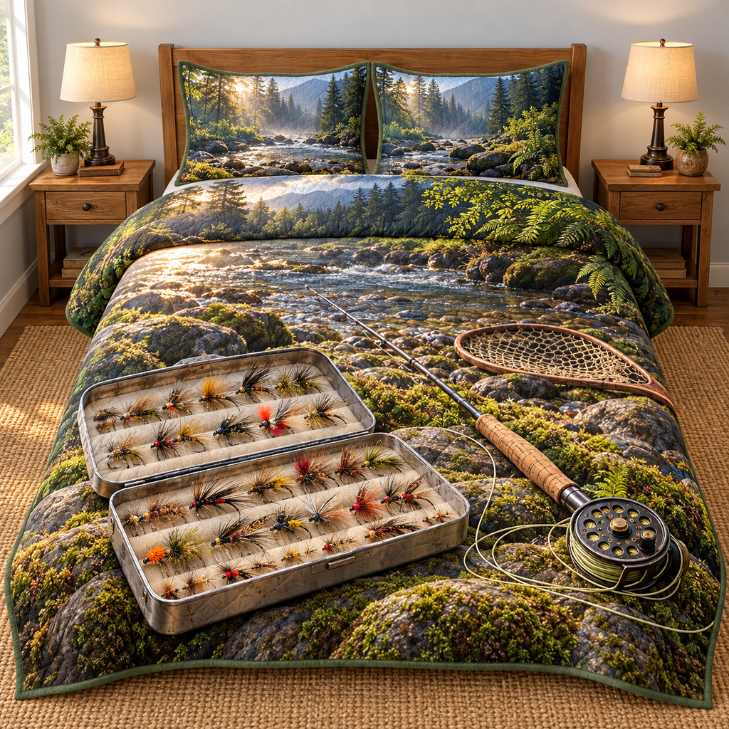 Creekside Fly Box Morning Quilted Bedding Set. Flat printed open feather-fly box, cork fly rod/reel and mossy creek landscape.