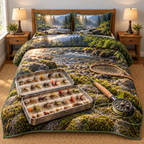 Creekside Fly Box Morning Quilted Bedding Set. Flat printed open feather-fly box, cork fly rod/reel and mossy creek landscape.