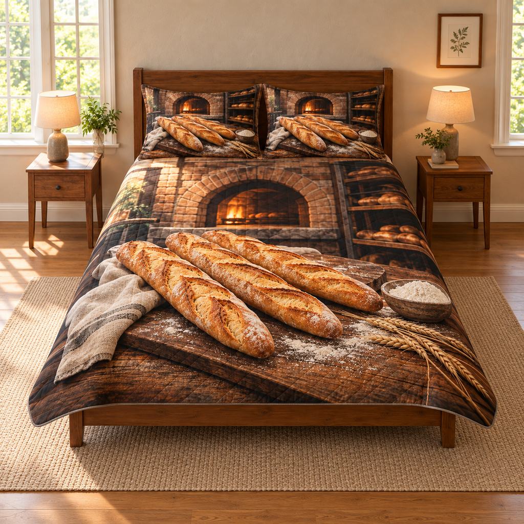 Full thin quilt and two shams with three golden baguettes, flour bowl, wheat and recessed brick bakery oven, flat printed optical depth