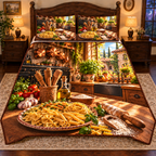 A complete ceramic platter displays golden farfalle bowties, penne tubes, spiral fusilli and a nest of ribbon pasta. Flour, wooden pasta tools and a rolling pin sit on the counter. Copper cookware, basil, a sunny window and stone courtyard recede into a rustic Italian kitchen. Flat printed on quilted bedding set.