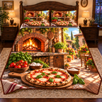 A whole round margherita pizza with red tomato sauce, melted mozzarella and fresh basil rests on a complete wooden peel with a short visible handle. Bowls of tomatoes and mozzarella sit before a glowing brick pizza oven and sunlit stone courtyard. Flat printed on quilted bedding set.