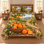 Full thin quilt and two shams with round oranges, harvest basket, white blossoms and receding outdoor orange orchard, flat printed optical depth