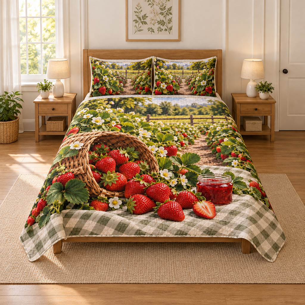 Full thin quilt and two shams with strawberry picnic basket, berries, jam jar and blossoming garden path, flat printed optical depth