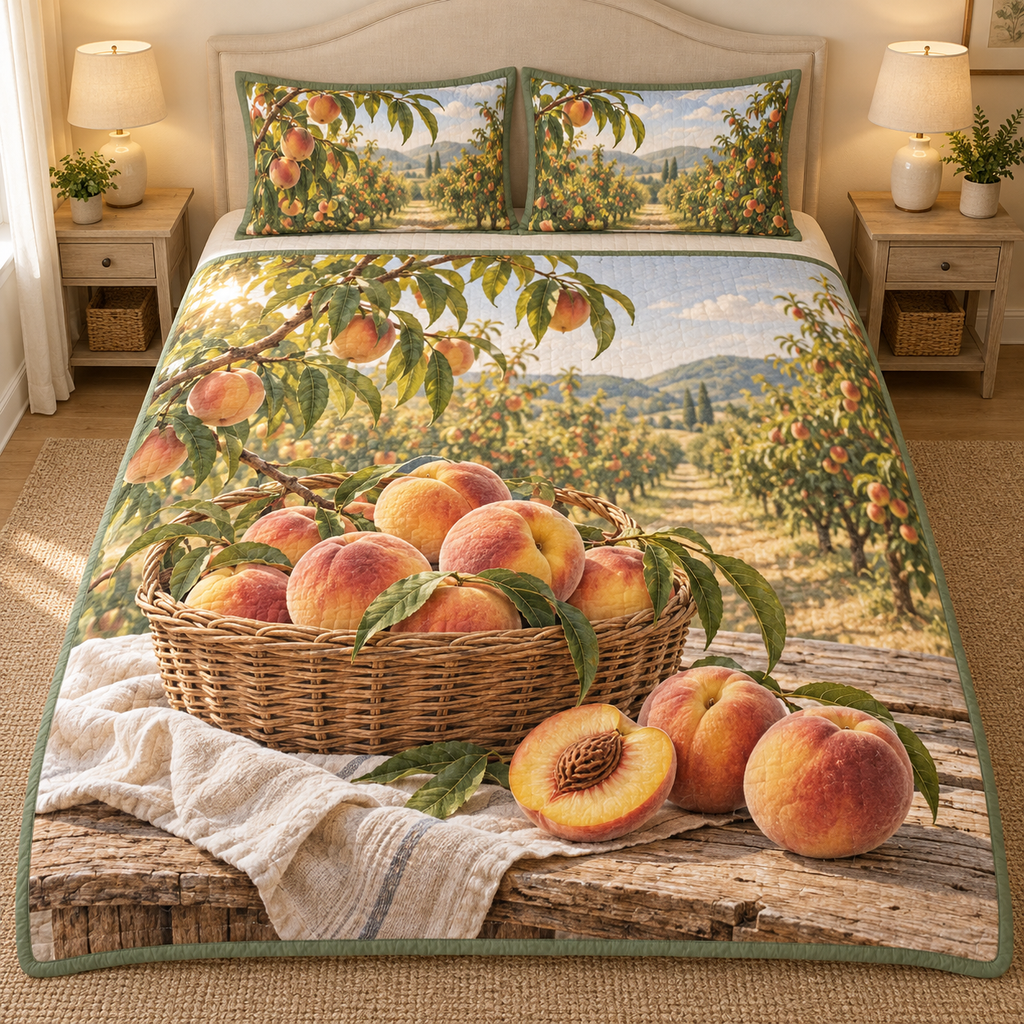 Peach Basket Orchard Harvest Quilted Bedding Set with flat printed peaches, cut peach half and willow basket before a sunlit orchard.
