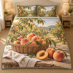 Peach Basket Orchard Harvest Quilted Bedding Set with flat printed peaches, cut peach half and willow basket before a sunlit orchard.