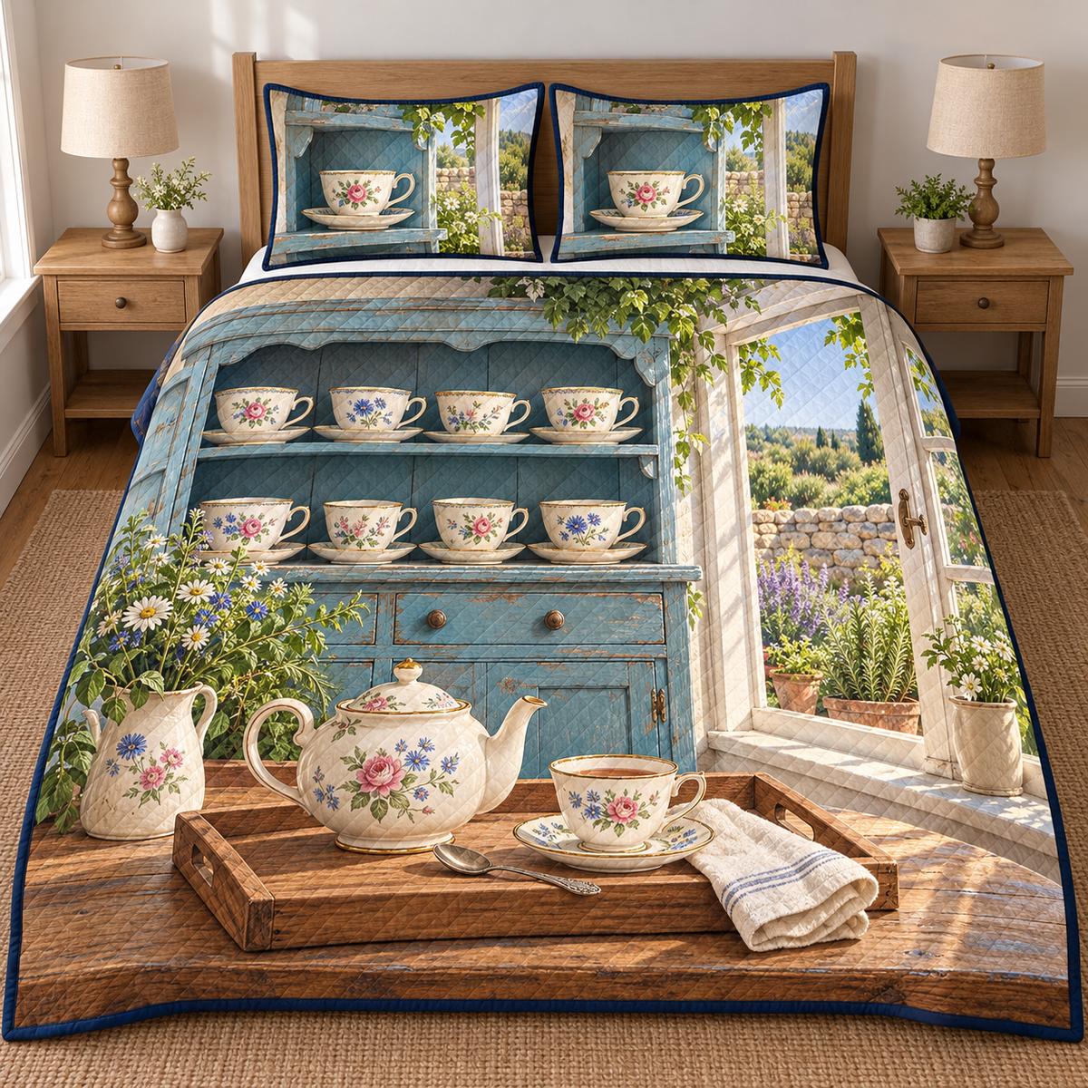 Garden Dresser Porcelain Teacups Quilted Bedding Set. Flat printed floral porcelain teacups, blue dresser shelves, tea tray and herb garden window.