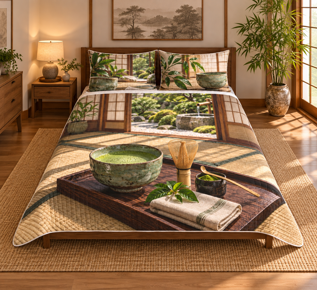 Matcha Ritual Tea Room Quilted Bedding Set with flat printed celadon matcha bowl, bamboo whisk and tea tray before a layered garden.