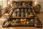 Herbal Tea Apothecary Shelf Quilted Bedding Set with flat printed glass herb jars, amber infusion and deeply recessed walnut shelves.