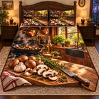 Whole brown mushrooms and sliced mushroom cross-sections sit on a wooden cutting board with thyme, garlic and a chef knife. A black skillet of mushrooms, hanging copper cookware, wooden cupboards and a sunny herb-filled window recede into a rustic kitchen. Flat printed on quilted bedding set.
