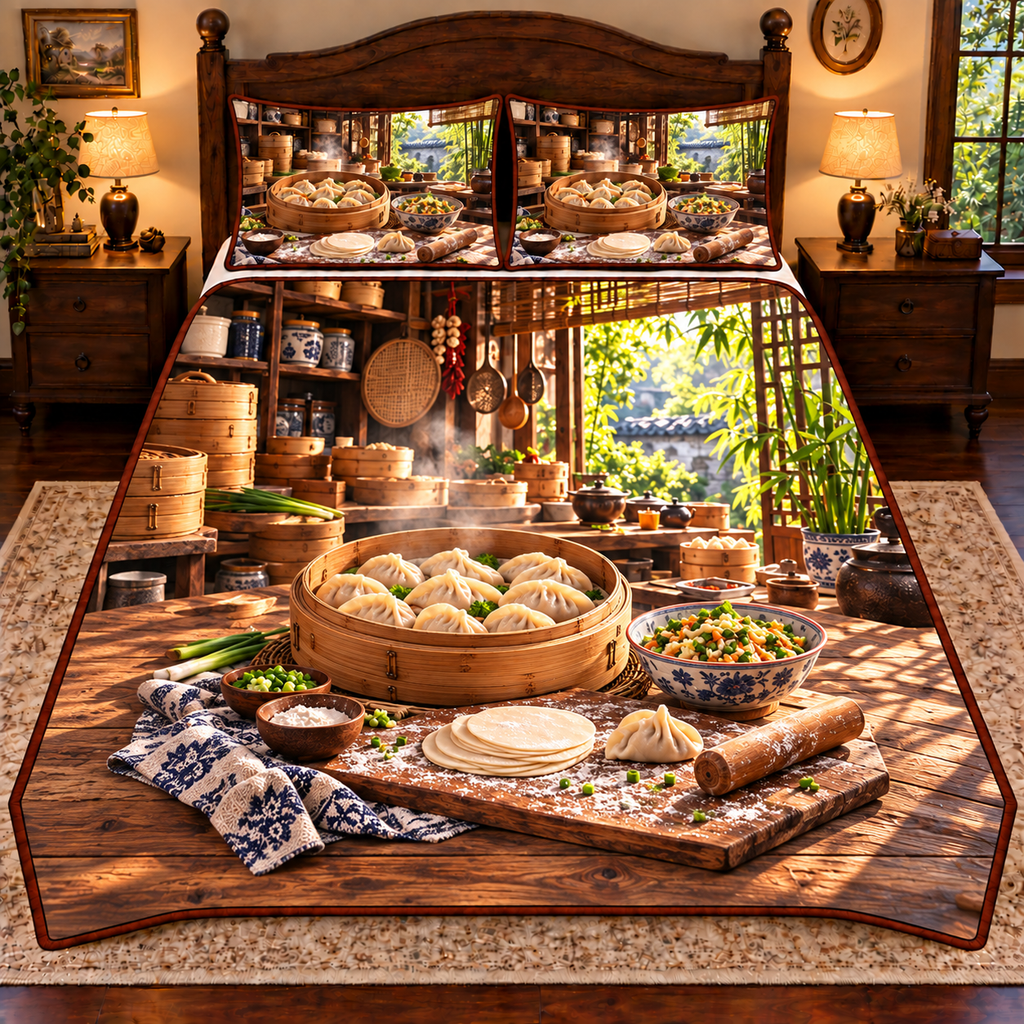 A complete bamboo steamer holds pale pleated dumplings beside round wrappers, a folded dumpling, a small rolling pin and a bowl of chopped vegetable filling on a flour-dusted wooden prep board. Receding steamer shelves, hanging utensils and a sunny bamboo garden window complete the kitchen scene. Flat printed optical depth on quilted bedding set.