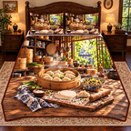 A complete bamboo steamer holds pale pleated dumplings beside round wrappers, a folded dumpling, a small rolling pin and a bowl of chopped vegetable filling on a flour-dusted wooden prep board. Receding steamer shelves, hanging utensils and a sunny bamboo garden window complete the kitchen scene. Flat printed optical depth on quilted bedding set.
