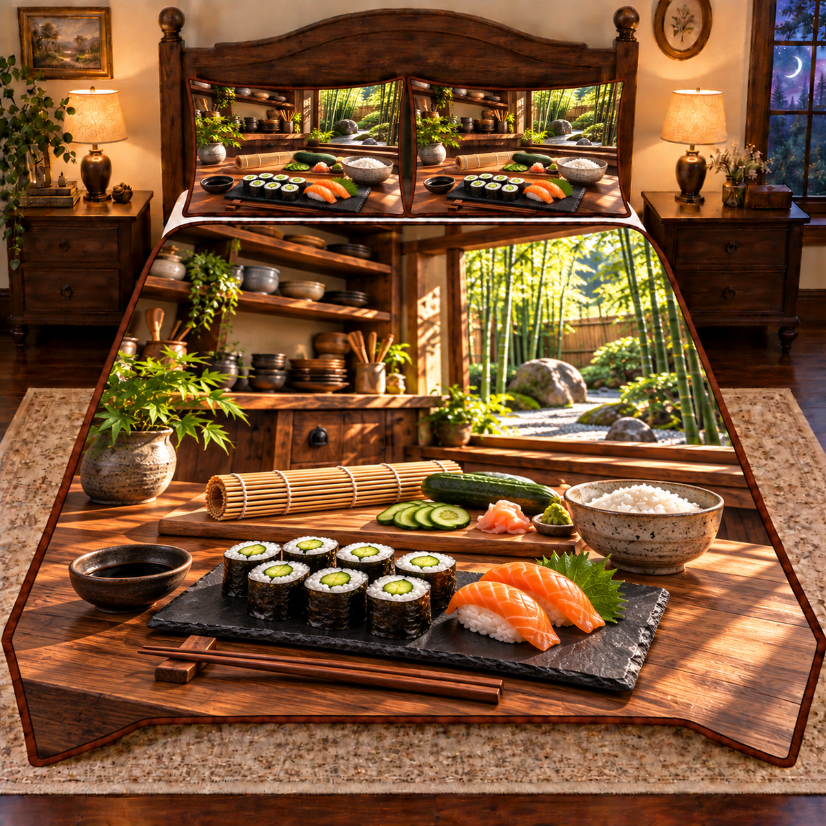 Nori maki rolls with visible rice and cucumber centers and two salmon nigiri rest on a complete dark slate platter. A rolled bamboo mat, rice bowl, cucumber, wasabi and pickled ginger sit on the nearby prep board. Open ceramic shelves and a window toward a bamboo and stone garden create a deep Japanese kitchen scene. Flat printed optical depth on quilted bedding set.