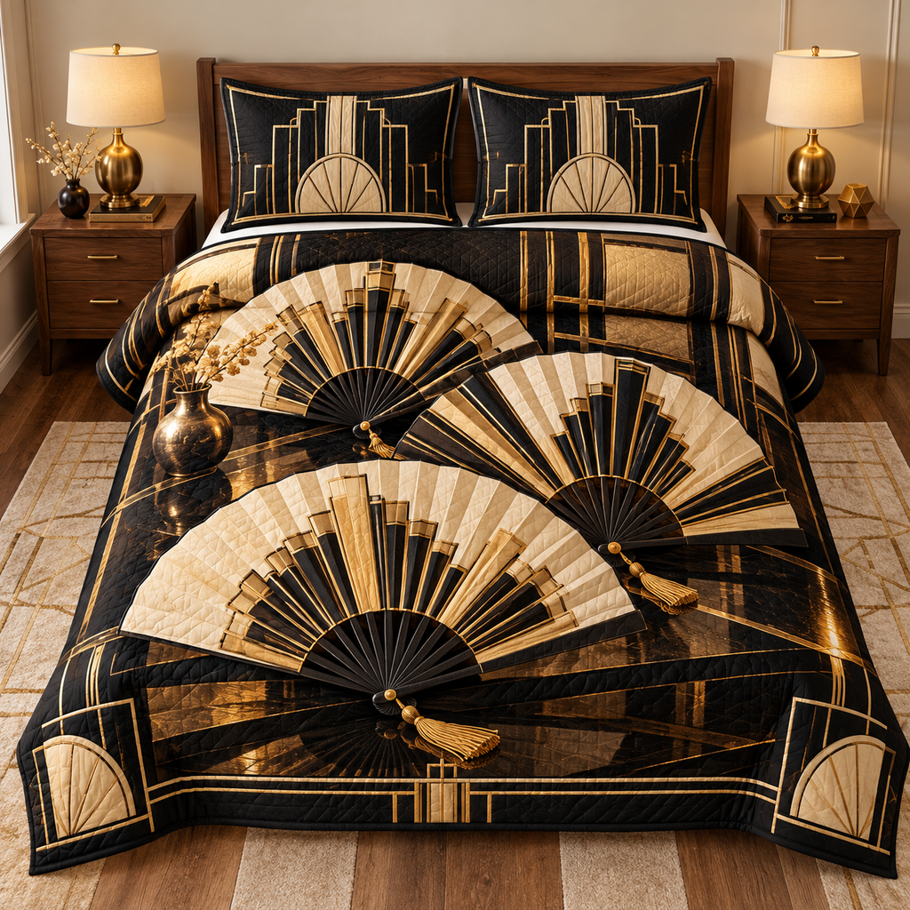 Art Deco Folding Fans Quilted Bedding Set. Three flat printed folding fans with black-gold geometry and lacquer-look reflections.