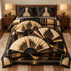 Art Deco Folding Fans Quilted Bedding Set. Three flat printed folding fans with black-gold geometry and lacquer-look reflections.