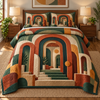 Midcentury Offset Archways Quilted Bedding Set with flat printed nested rounded portals, steps, ochre discs and potted-leaf details.