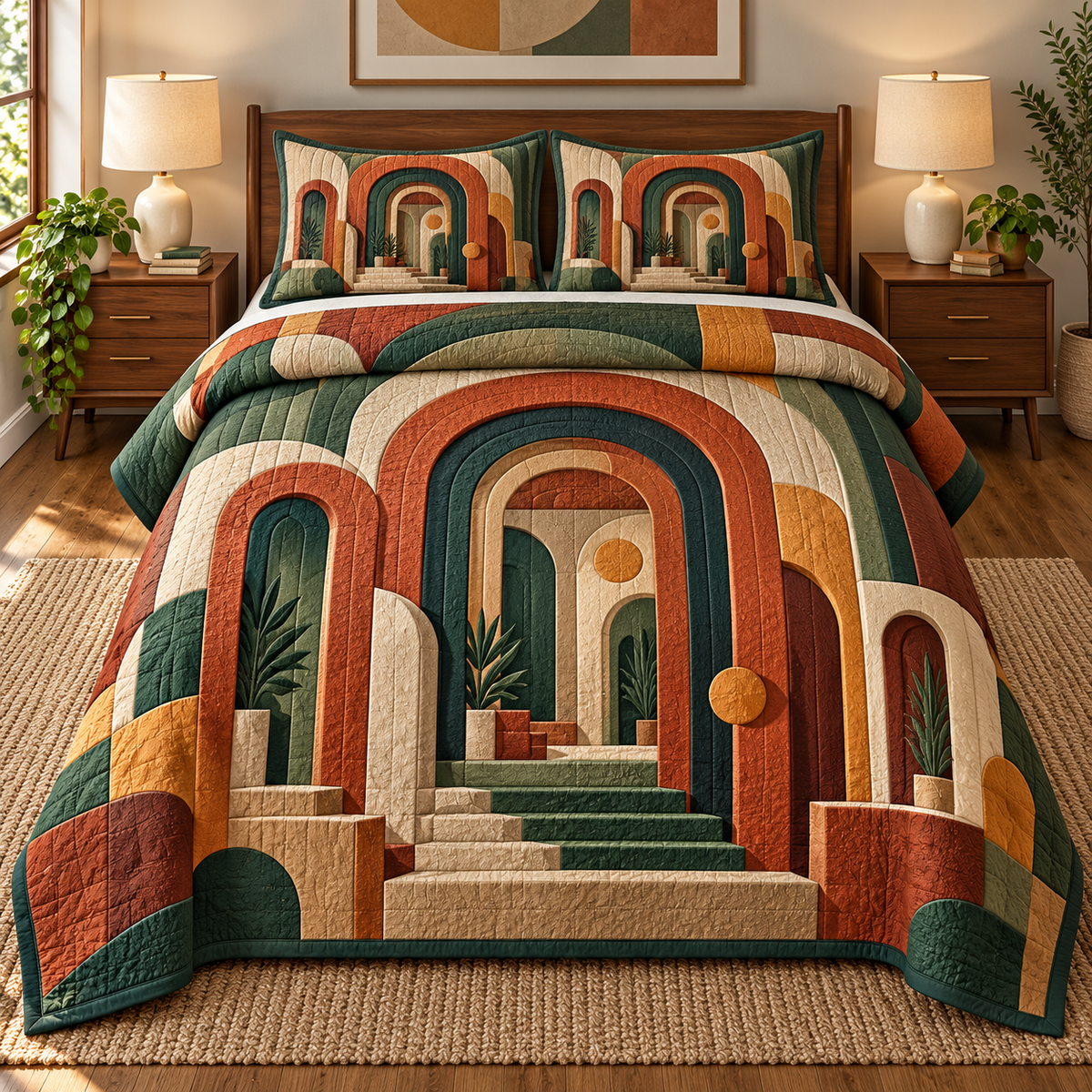 Midcentury Offset Archways Quilted Bedding Set with flat printed nested rounded portals, steps, ochre discs and potted-leaf details.