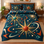 Midcentury Atomic Starbursts Quilted Bedding Set with flat printed brass-tone rays, colored discs and orbital loops on petrol teal.