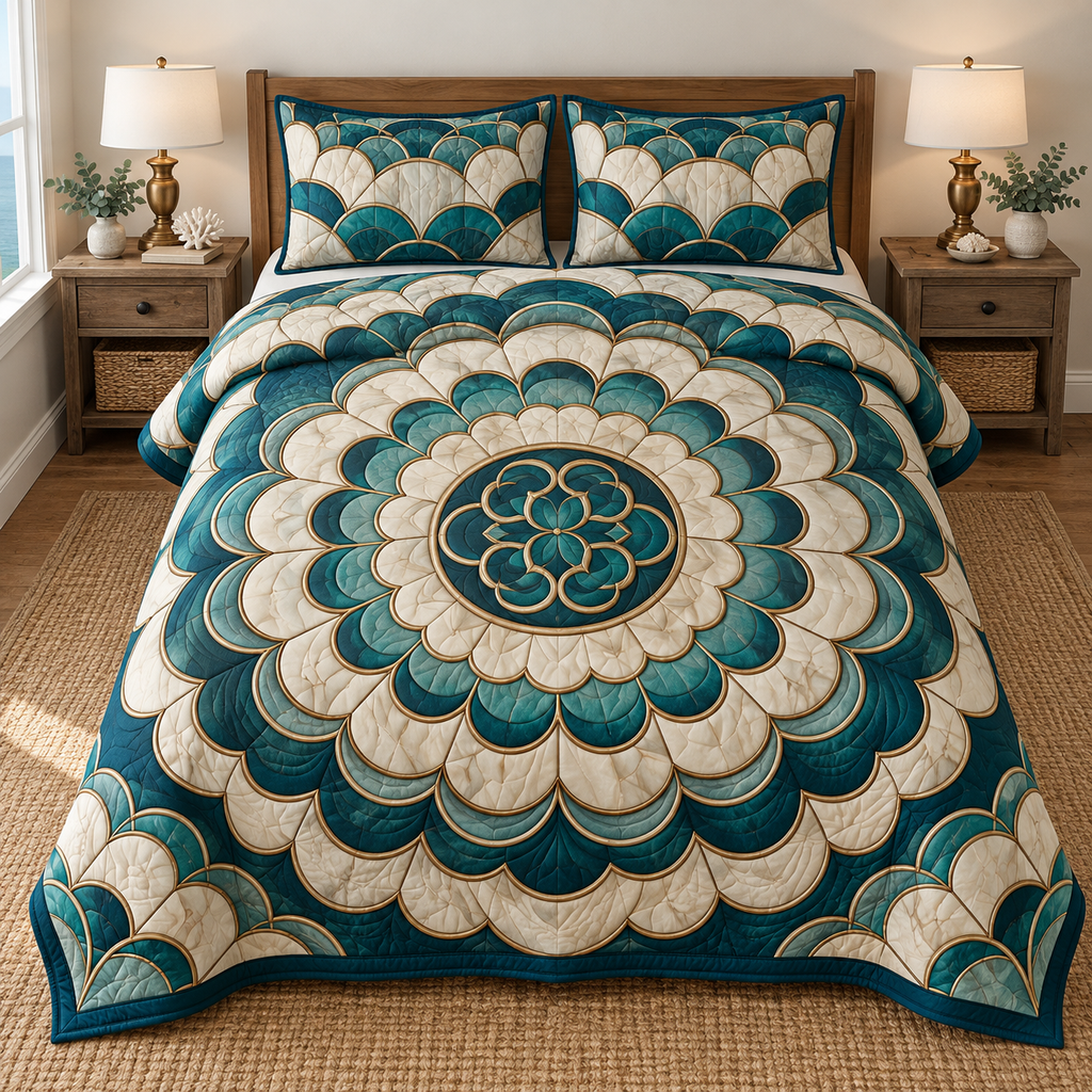 Teal Pearl Scalloped Medallion Quilted Bedding Set. Flat printed rounded scallop rings and arabesque center.