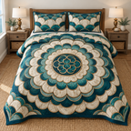 Teal Pearl Scalloped Medallion Quilted Bedding Set. Flat printed rounded scallop rings and arabesque center.
