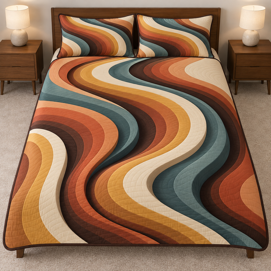 Full thin quilt and exactly two matching shams with layered retro S-wave bands, flat printed optical depth