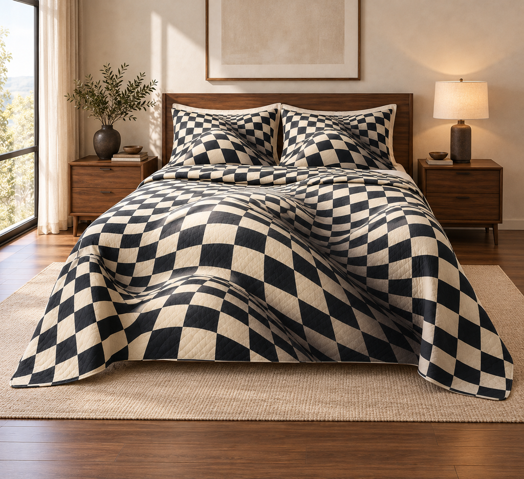 Rolling Wavy Checkerboard Quilted Bedding Set with flat printed ivory and charcoal checker waves and optical shadow depth.