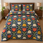 Retro Tulip Tile Grid Quilted Bedding Set. Flat printed upright and inverted coral-mustard-ivory tulips on a navy grid.