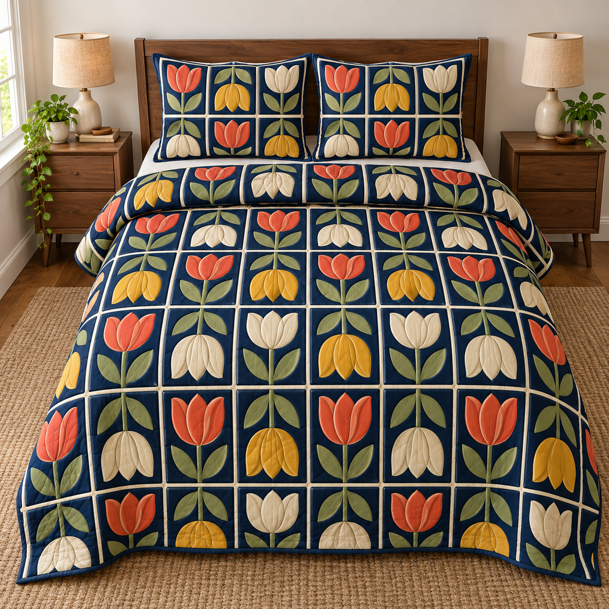 Retro Tulip Tile Grid Quilted Bedding Set. Flat printed upright and inverted coral-mustard-ivory tulips on a navy grid.