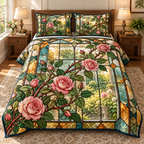 Rose Cane Glass Effect Quilted Bedding Set. Flat printed diagonal pink rose canes across amber and teal glass-effect panels.