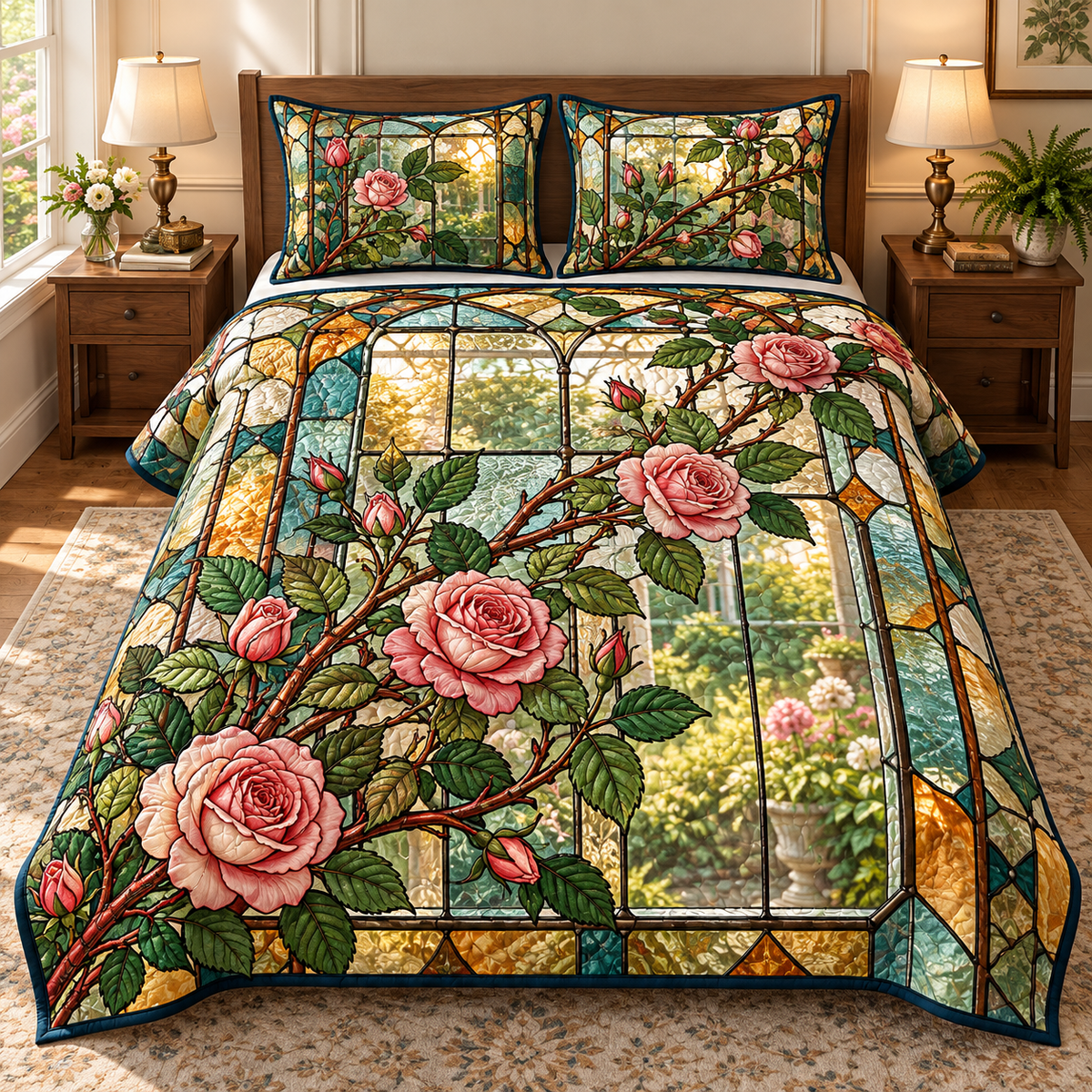 Rose Cane Glass Effect Quilted Bedding Set. Flat printed diagonal pink rose canes across amber and teal glass-effect panels.