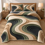 Layered Organic Pebble Contours Quilted Bedding Set with flat printed nested rounded islands in ivory, sand, sage and charcoal.