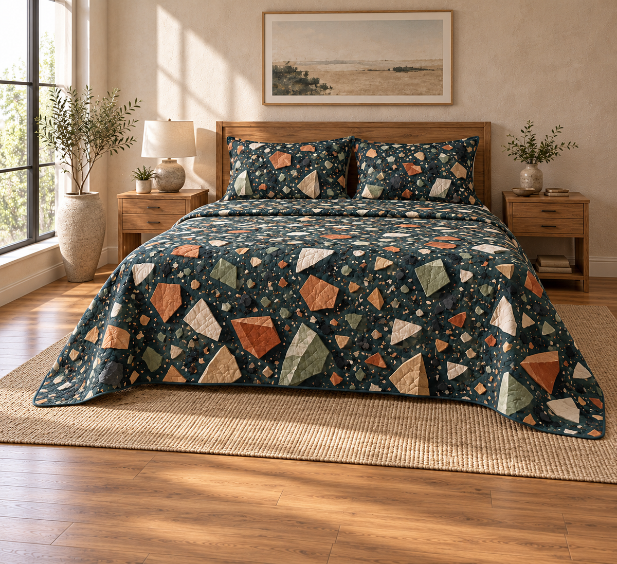 Layered Terrazzo Confetti Quilted Bedding Set with flat printed angular terrazzo chips and layered shadow illusions.