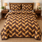 Honey Walnut Weave Illusion Quilted Bedding Set. Flat printed honey and dark walnut-tone herringbone basket-weave illusion.