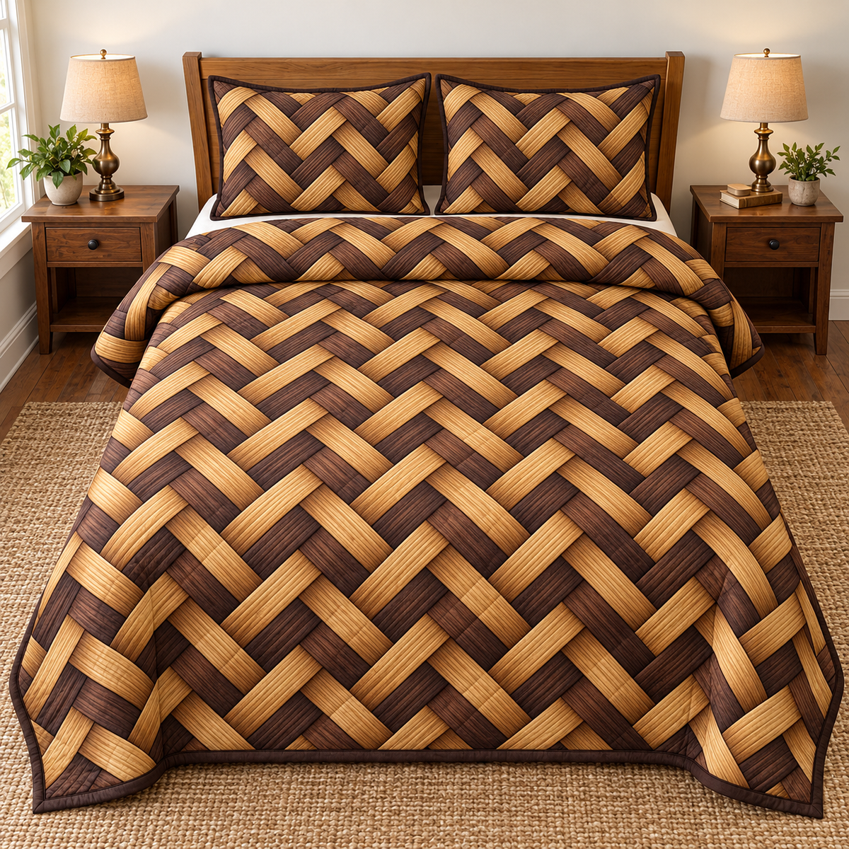 Honey Walnut Weave Illusion Quilted Bedding Set. Flat printed honey and dark walnut-tone herringbone basket-weave illusion.