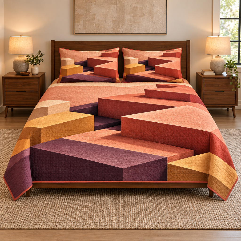 Thin quilt and two matching shams with flat printed asymmetric sunset-colored rectangular terraces